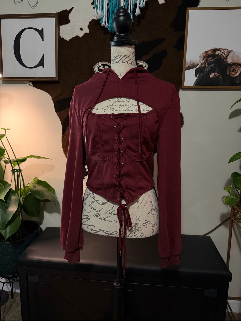 SHEIN Burgundy Lace-Up Corset Hoodie Sweater